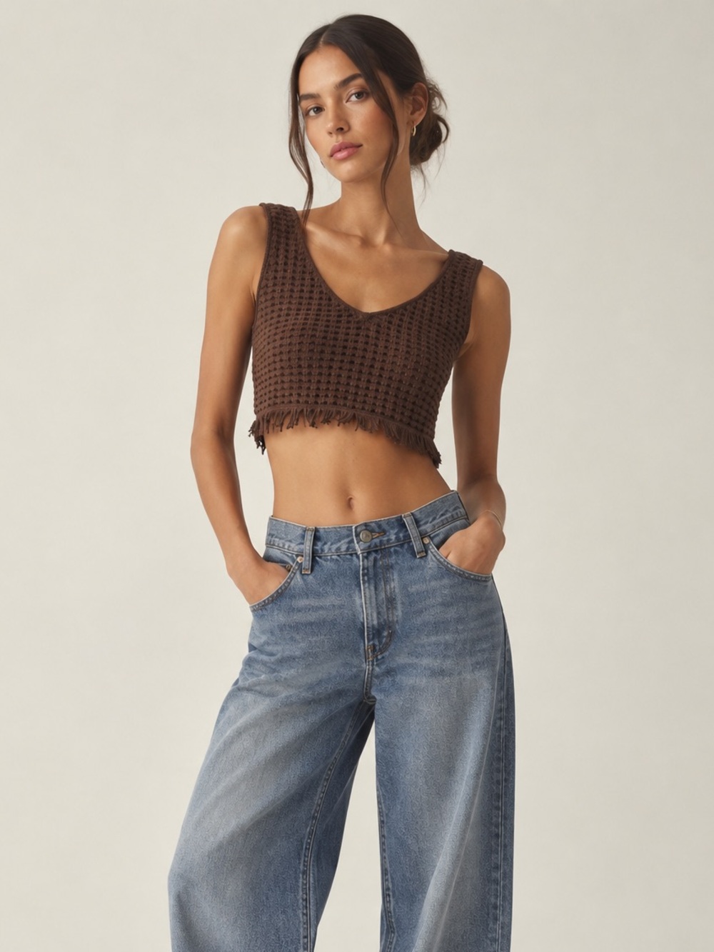 Reformation Lieta Open Knit Top Small Brown Crochet Festival Fringe Chic Fall